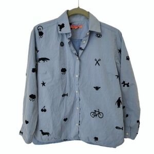 Vilagallo Novelty Blue Button Down Shirt Poodle Scooter Insect Scissors Rat Star